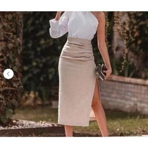 Zara Size XL Linen Blend Ruched High Waist  Midi Skirt